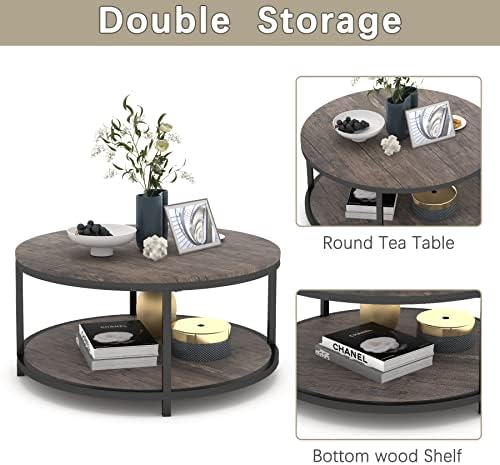 NSdirect Round Coffee Table,36" Coffee Table for Living Room,2-Tier Rustic Wood Desktop with Storage Shelf Modern Design Home Furniture(Light Walnut)