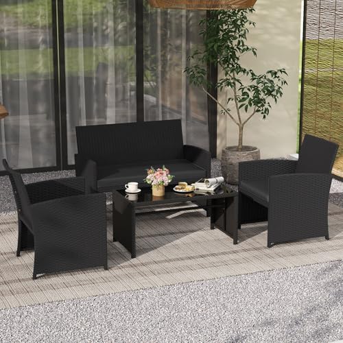 Tangkula 4 Pieces Patio Wicker Furniture Set, Outdoor Heavy Duty Rattan Cushioned Chairs, Loveseat and Tempered Glass Coffee Table, for Backyard, Balcony, Poolside (1, Black)