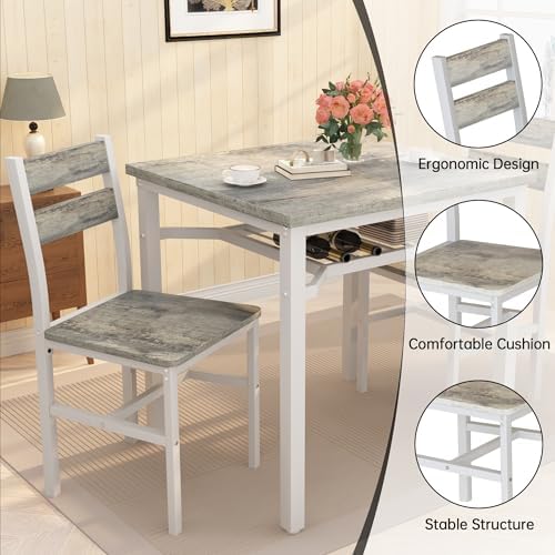 Hooseng 3 Piece Dining Table Set for 2, Small Wooden Kitchen Table with Storage, Farmhouse Square Dinette Set for Dining Room, Breakfast Nook, Apartment, Small Space