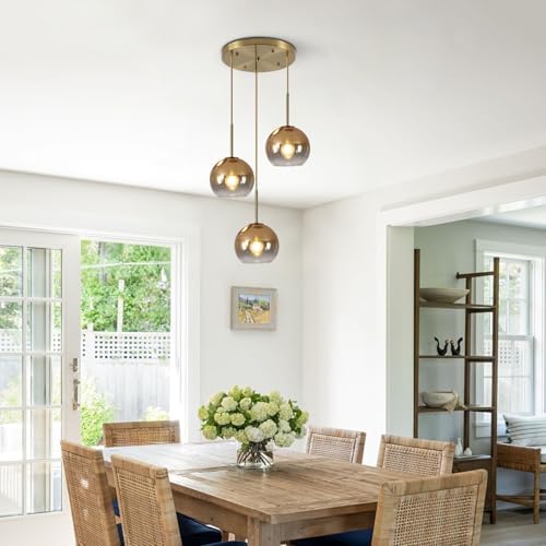 KCO Mid Century Modern 3 Light Gradient Gold Glass Globe Cluster Chandelier