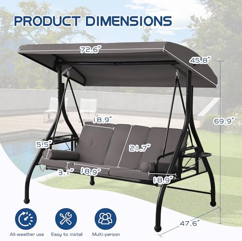 Porch Swings with Adjustable Canopy, 3 Seat Outdoor Swing Bed, Gray