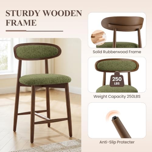 Bar Stools Set of 2, 24.8″ Counter Height Barstools with Wood Legs