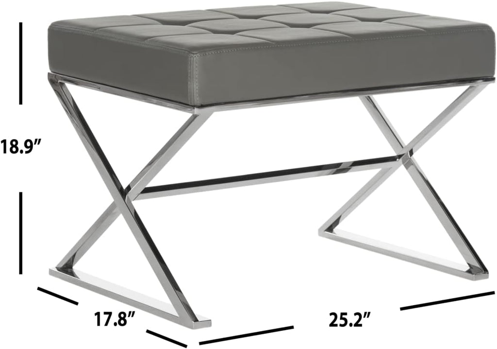 Safavieh Home Collection Micha Modern Glam Cream Tufted and Silver Steel Ottoman