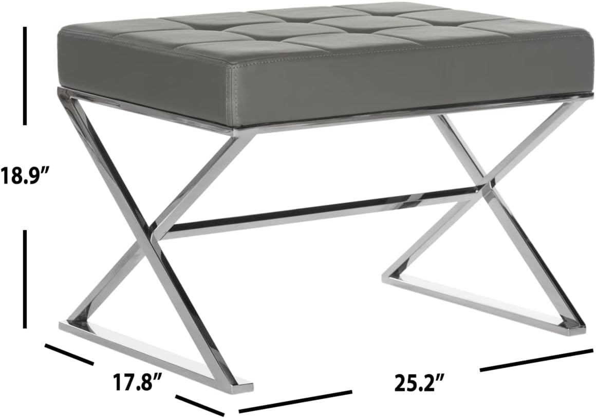 Safavieh Home Collection Micha Modern Glam Cream Tufted and Silver Steel Ottoman