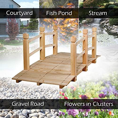 GiantexUK 1.5M Wooden Garden Bridge, Decorative Arc Footbridge with Safety Guardrails, Outdoor Bridge Walkway for Ponds Streams Borders (Natural)