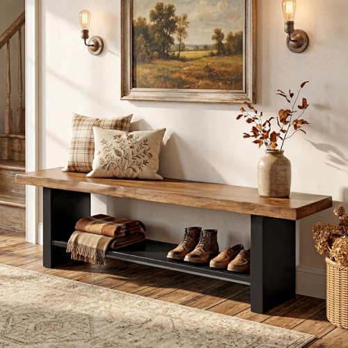 55" Solid Wood Bench with Shoe Storage, 2-Tier Farmhouse Entryway Bench, Narrow Rustic Brown Bench for Bedroom, Hallway
