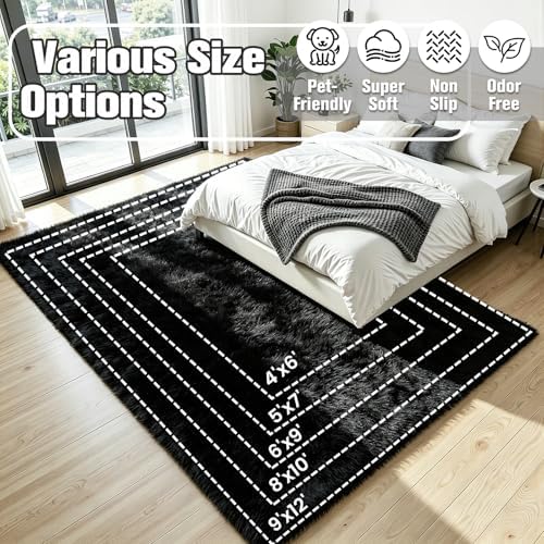 6x9 Fluffy Area Rug for Living Room: Soft Non-Slip Black Bedroom Carpet