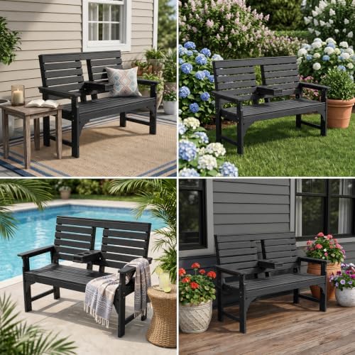 Outdoor Bench, HDPE 2-Person Garden Bench with Cup Holders
