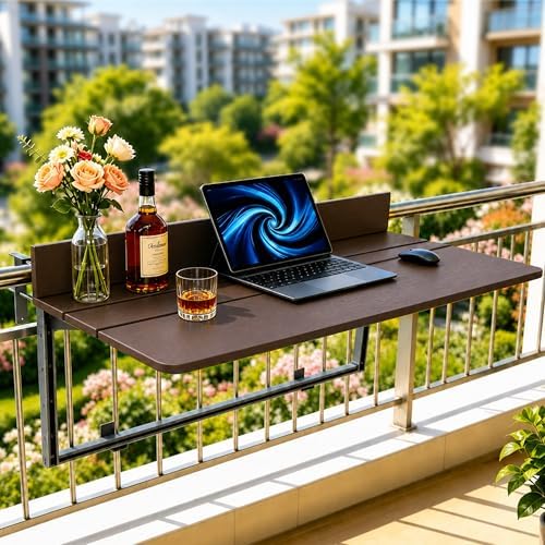 Foldable Balcony Bar Table for Railings, Folding Hanging Deck Rail Table for Small Apartment Patio,Outdoor Garden, 5-Level Adjustable Height, Rustproof,Weather Resistant, Easy Assembly