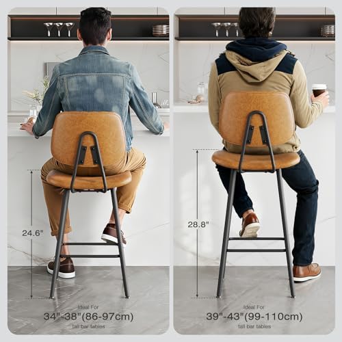 Raynesys 29-Inch Leather Bar Stools Set of 3 with High Backrest, Brown