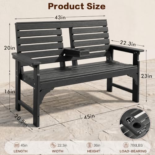 Outdoor Bench, HDPE 2-Person Garden Bench with Cup Holders