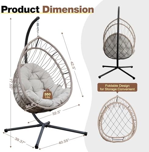 Upgraded Core-Spun Polyester Rope Hanging Egg Chair w/Stand, Foldable Swing Seat, 350LBS, No PE Rattan Shedding, Weatherproof, Never Fray, Full Surround Cushion for Patio Balcony. (Grey Cushion)