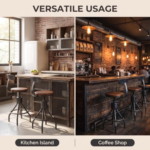 LOKKHAN Set of 2 Rustic Industrial Bar Stool-24-30 Adjustable Metal Swivel Wooden Top Barstools-Counter Height Extra Tall Bar Height-Vintage Farmhouse Kitchen Breakfast Cafe Stool-with Backrest