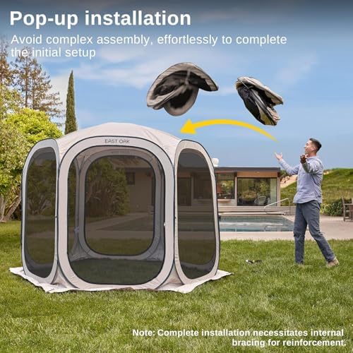 East Oak Screen House Tent Pop-Up, Portable Screen Room Canopy Instant Screen Tent 10 x 10 FT with Carry Bag for Patio, Backyard, Deck & Outdoor Activities, Brown