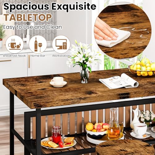 DKLGG Kitchen Island with Seating & Storage, Farmhouse Dining Table Set for 2, Space-Saving 3 Piece Dining Set Table & Chairs Island Table for Kitchen, Apartment, Dining Room, Rustic Brown