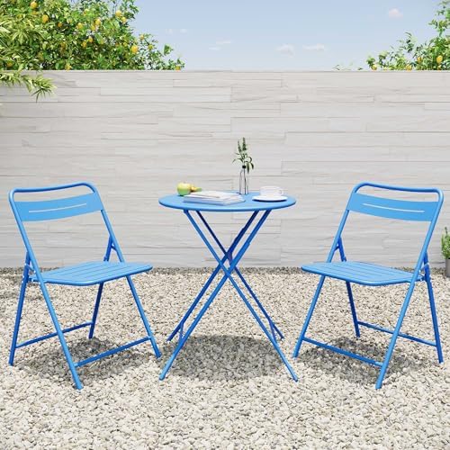 LAUSAINT HOME 3-Piece Folding Steel Bistro Set,Round, Blue