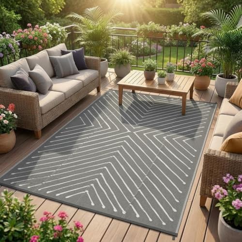 Garvee 8x10 Outdoor Patio Carpet Reversible Waterproof, Large Portable RV Camping Rug for Deck, Porch, Backyard, Balcony, Beach, Grey&White Outdoor Mat