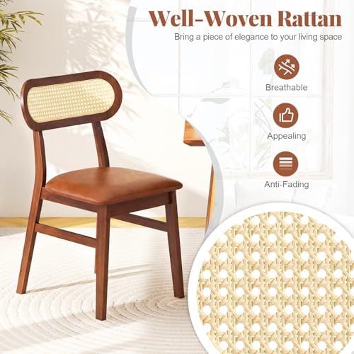 GOFLAME Wooden Dining Chairs Set of 4, Mid-Century Modern Kitchen Chairs with Upholstered Seat & Rattan Backrest, Faux Leather Cover, Armless Side Chairs for Kitchen, Dining Room, Restaurant, Espresso