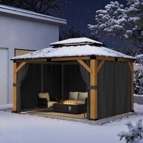 Jocoevol 10' X 12' Wood Gazebo Cedar Wooden Hardtop with Curtains & Netting