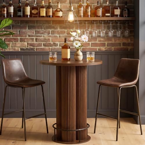 Round Bar Table 39.37" H Wood Fluted Bistro Pub Table (Walnut)