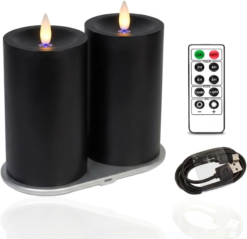 Rechargeable Flameless Pillar Candle with Remote Timer, 3D Moving Flame Real Wax Led Pillar Candles (Black, 3''x5'')
