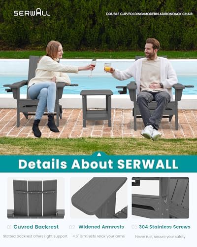 SERWALL HDPE Modern Folding Adirondack Chair with Dual Cup Holder, Gray