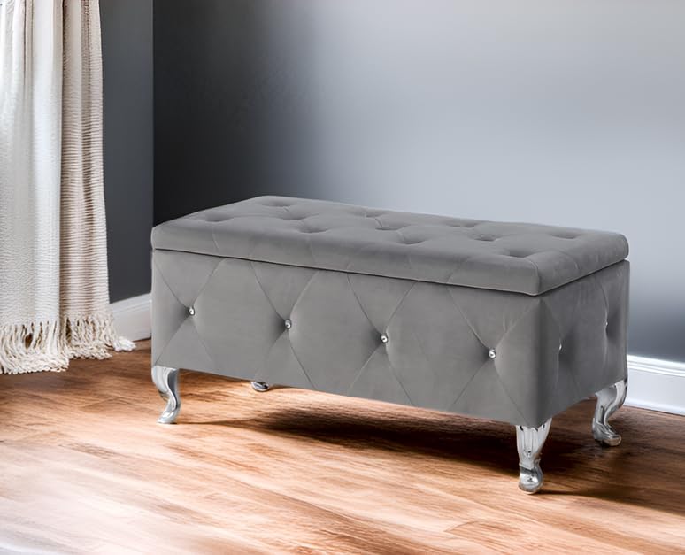 AC Pacific Glam 38 Inches Storage Ottoman Bench for Entryway, Hallway, Living Room, and Bedroom, Upholstered Tufted Faux Leather Ottoman with Storage, Foot Rest and Organizer, Fossil Gray