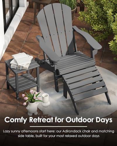 GREENVINES Folding Adirondack Chairs Set of 2 w/Cup Holder, HDPE, Grey