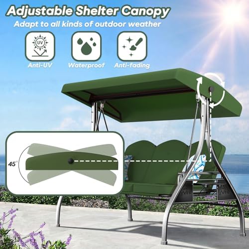 ZZW 3 Seat Outdoor Porch Patio Swing with Stand 800lbs 2-in-1 Convertible Swing Bed with Adjustable Canopy & Removable Cushion for Yard Garden Deck (Green, Square Tube)