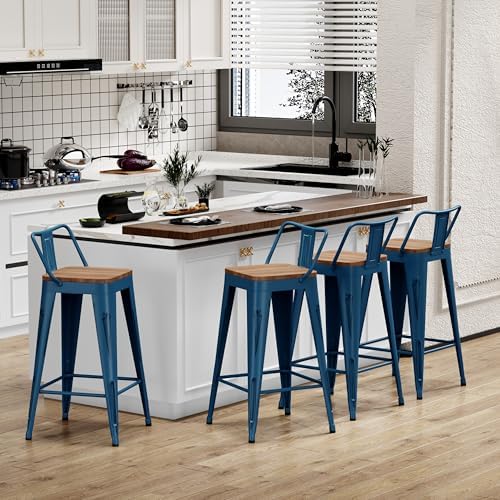 24" Barstools Set of 4 Counter Height Bar Stools Side Chair-Distressed Navy