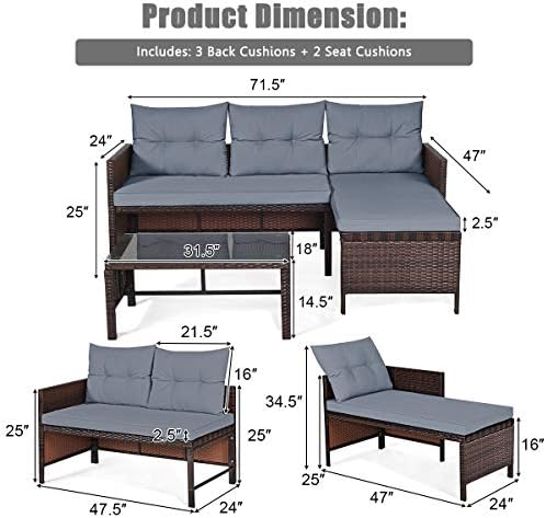 RELAX4LIFE 3-Piece Patio Furniture Set, Outdoor Wicker Sectional Sofa Set w/Washable Cushion, Tempered Glass Coffee Table, Rattan Conversation Set Outdoor Couch for Garden Backyard Deck (Grey)