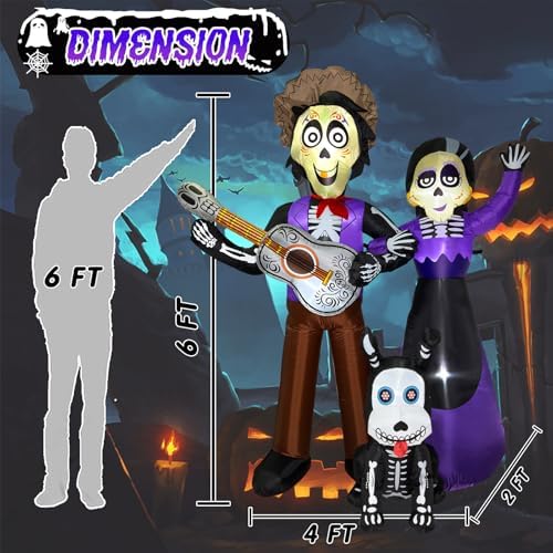 6 FT Halloween Inflatables Decoration, Blow Up Yard Decorations, Day of The Dead Spooky Sugar Skull Couple Guitar and Skeleton Dog, Dia De Los Muertos Décor with Built-in LED for Outdoor