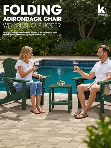 KINGYES Folding Adirondack Chair Set of 2 with 2 Cup Holders, Green