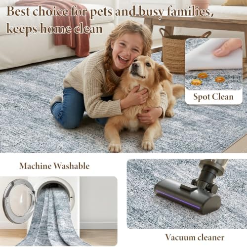 9x12 Rugs for Living Room: Washable Non Slip Navy Blue Area Rug