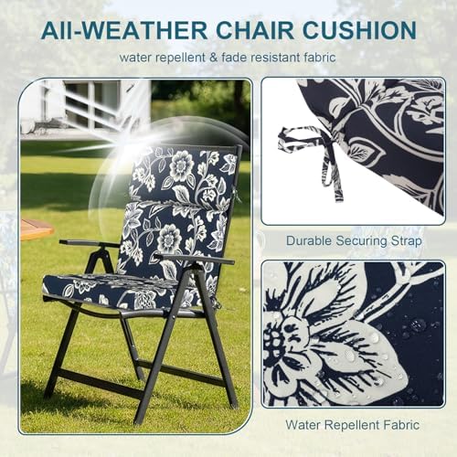 DYTXIII Outdoor High Back Chair Cushions Set of 2, 44"x22" Water Repellent Patio Seat Cushions with Elastic Sponge, All Weather Chair Pads for Rocking, Dining Chairs, Patio Furniture - Vines Navy