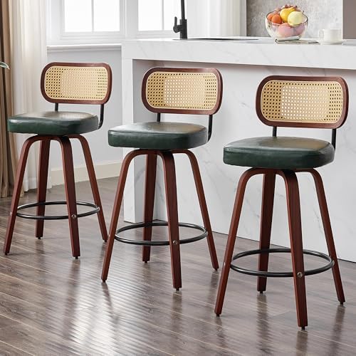 KEEZY Natural Rattan Bar Stools Set of 2, 26 Inch Counter Height Barstools with Backs, PU Leather Seat, 360° Swivel, Wood Legs, Mid-Century Modern Bar Chairs for Kitchen Island, Home Bar(Dark Green)