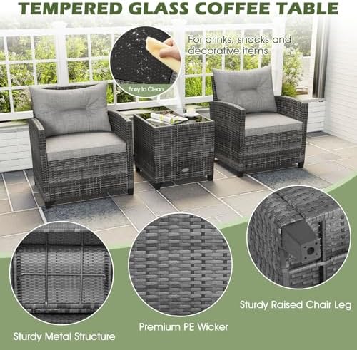 ORALNER 3 Pieces Patio Furniture, Mix Gray Wicker Bistro Set (Gray)