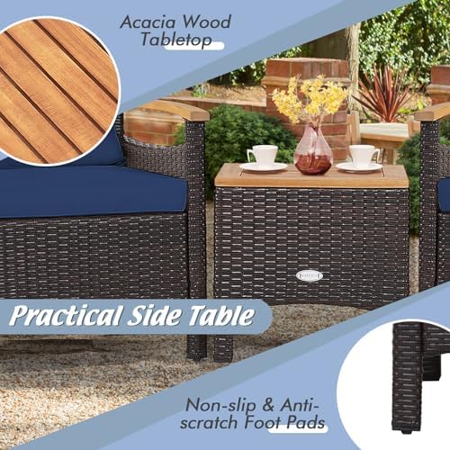 Tangkula 3-Piece Patio Furniture Set, Patiojoy Outdoor Rattan Sofa Set with Coffee Table, Patio Conversation Set with Removable Cushion, Cozy Acacia Wood Armrests for Backyard, Poolside (Navy)