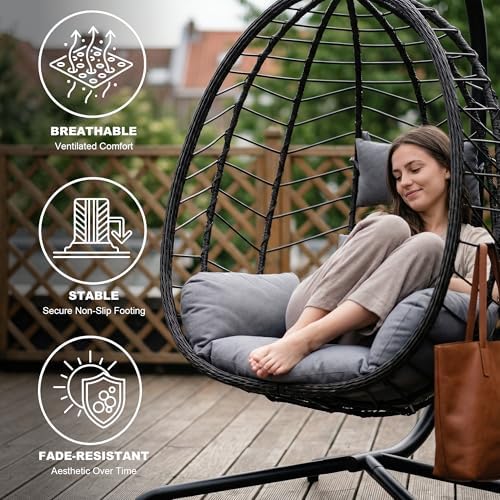 LEX CRAFT Hanging Egg Chair Wicker 350lbs Swing Outdoor Basket Cushion