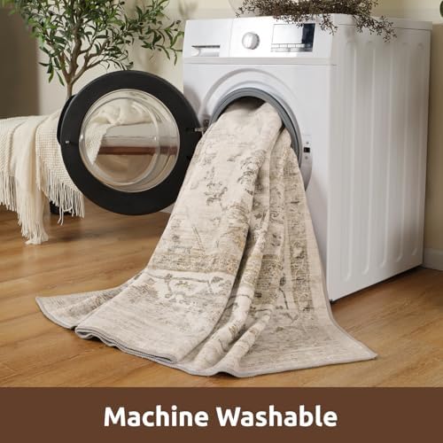 AMOAMI-3X5 Area Rug-Soft Washable Vintage Throw Accent Rugs for Living Room, Entryway, Bedroom, Kitchen, Bathroom, Laundry Room, Kitchen, Bathroom, Bedside, No Slip Beige