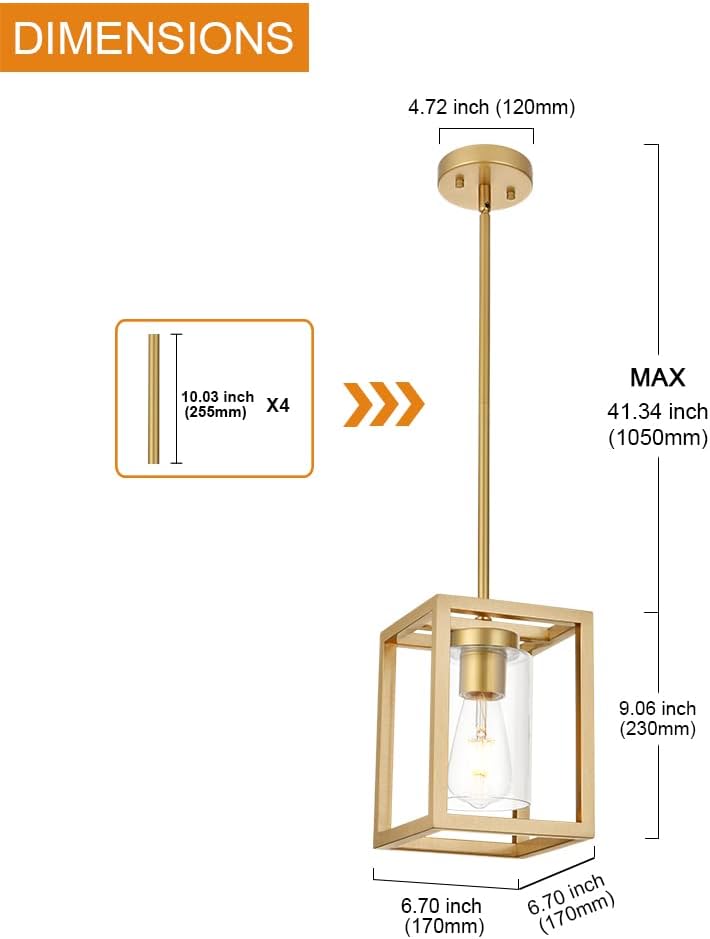 1-Light Rustic Chandelier in Gold Finish Modern Industrial Pendant Lighting Fixture with Clear Glass Shade Hanging Ceiling Light for Dining Room