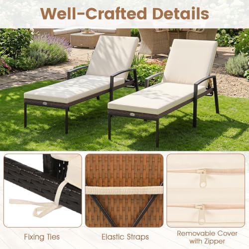 Tangkula Set of 2 Patio Furniture Outdoor Rattan Wicker Lounge Chair Set Adjustable Poolside Chaise with Armrest and Removable Cushions