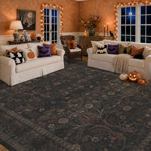 Washable 8x10 Area Rugs for Living Room, Black and Brown Halloween Rug for Bedroom Dining Room, Moody Floral Farmhouse Western Style Decor, Large Gold Southwest Non Slip Low Pile Carpet (Dark Brown)