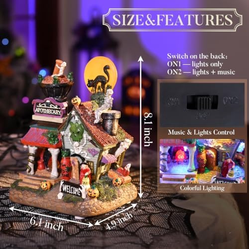 Valery Madelyn Halloween Decorations, Lighted Halloween Village Houses with Music and LED Lights, Resin Haunted House Spooky Town Scary Witch's Potion for Home and Party Table Desk Mantel, 8 Inch