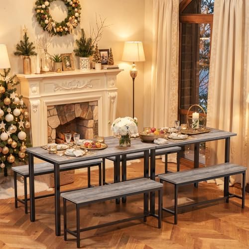 Dining Table Set for 4, 3 Piece Dining Room Table Set for Space-Saving, Modern Kitchen Table with 2 Benchs for Apartment Breakfast Nook and Samll Space, Grey