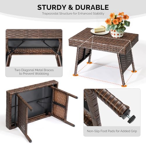 VINGLI Outdoor Folding Rattan Side Table, Portable Wicker End Table for Patio, Garden, Poolside, and Indoor Use, Mix Mocha