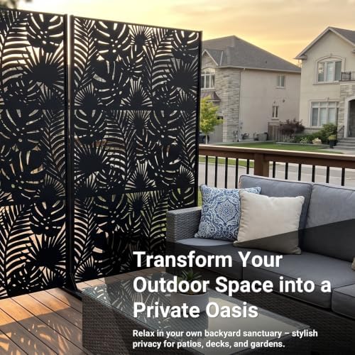 Metal Privacy Screen Outdoor – 72in Decorative Laser Cut Steel Garden Divider Panel with Tropical Leaf Design, Weatherproof Freestanding Modern Privacy Fence for Patio, Deck, Backyard & Balcony