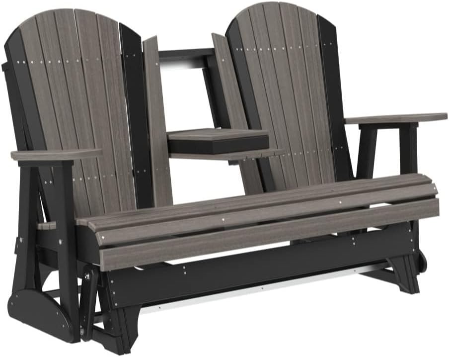 LuxCraft 5' Adirondack Double Glider Bench, 2 Person Outdoor Glider Chair, Outdoor Gliding Loveseat (Coastal Gray & Black)