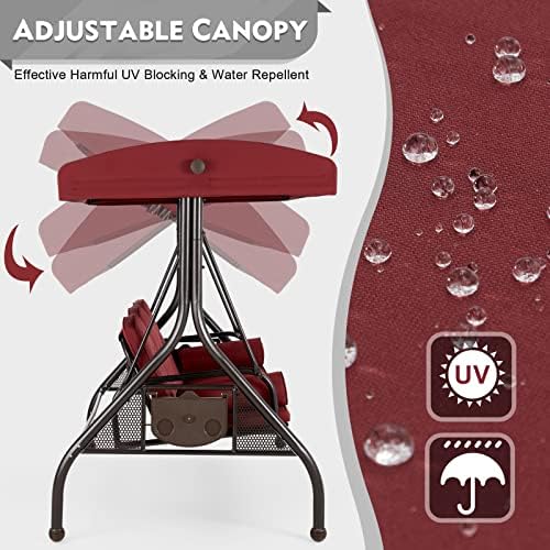 HOMREST 3 Seat Porch Swing with Adjustable Canopy, Patio Swing with Stand