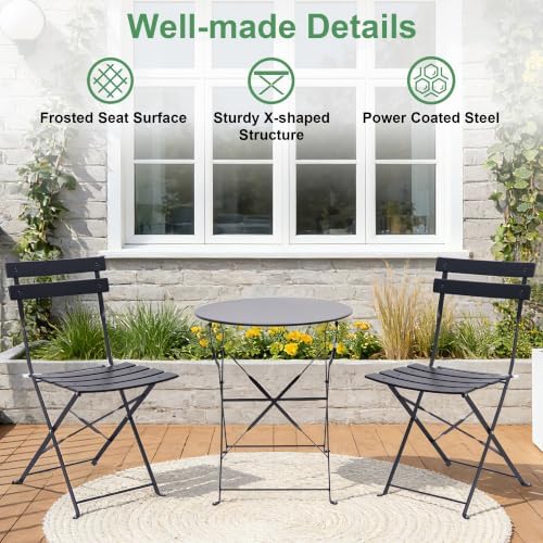 3-Piece Patio Bistro Set, Folding Outdoor Bistro Table and Chairs for 2 with Sturdy Steel Frame, No Assembly Small Space-Saving Patio Furniture Set for Balcony Garden Porch, Black (Set of 2)